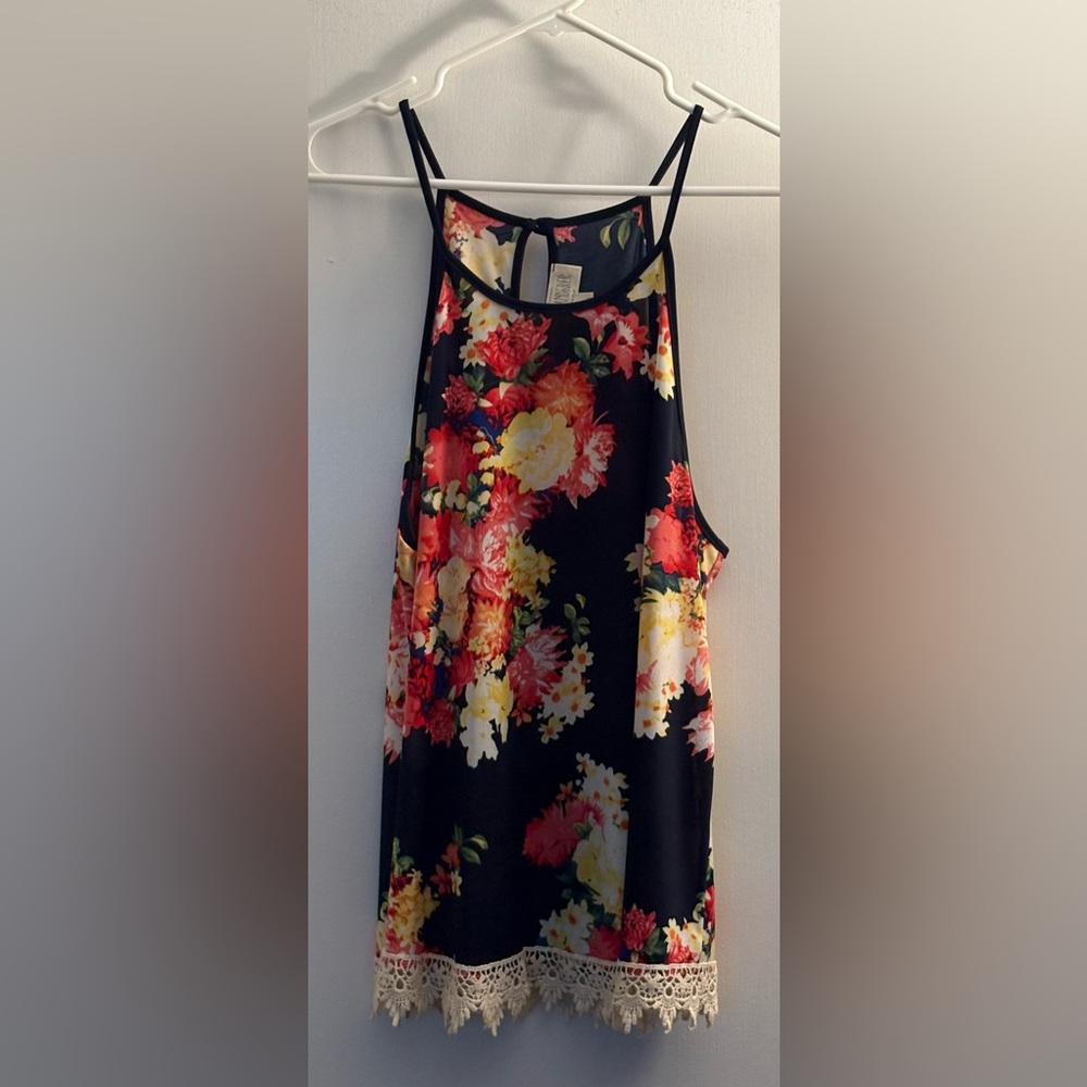 Junior’s Sweet Wanderer Blue Floral high neck top with embroidered lace hem